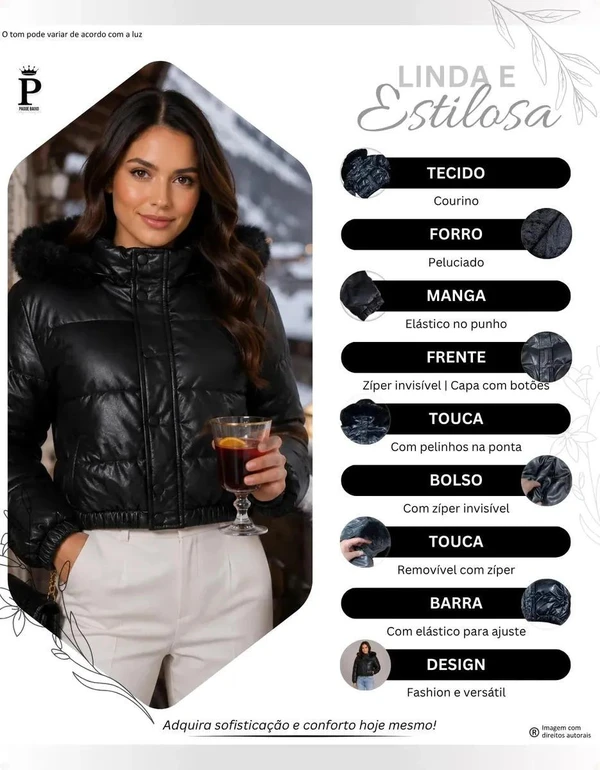 Jaqueta Puffer Feminina De Couro Forrada com Pelinho