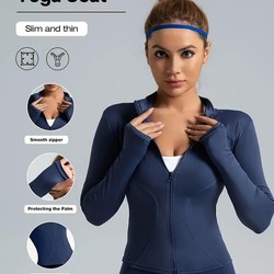 Jaqueta fitness feminina, blusa justa de secagem rápida, coleção outono 2025, manga longa com proteção solar, gola alta, ideal para esportes e Pilates.