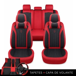 Kit Completo de Capas para Banco de Carro Protecar em Couro Legítimo Universal 5 Lugares Com Airbag + Tapetes e Capa de Volante