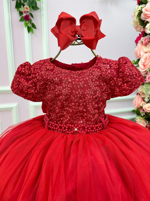 Vestido Luxuoso Bordado com Flores Brilhantes - Vermelho