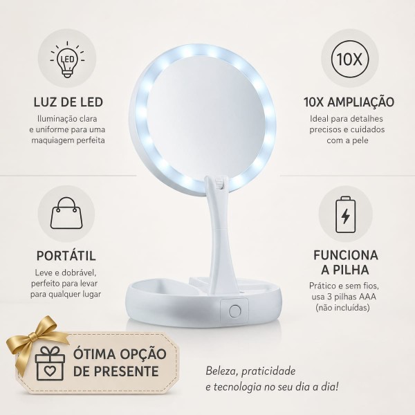 Espelho de Maquiagem LED Dupla Face Aumento 10x Retrátil Portátil com Organizador Branco 