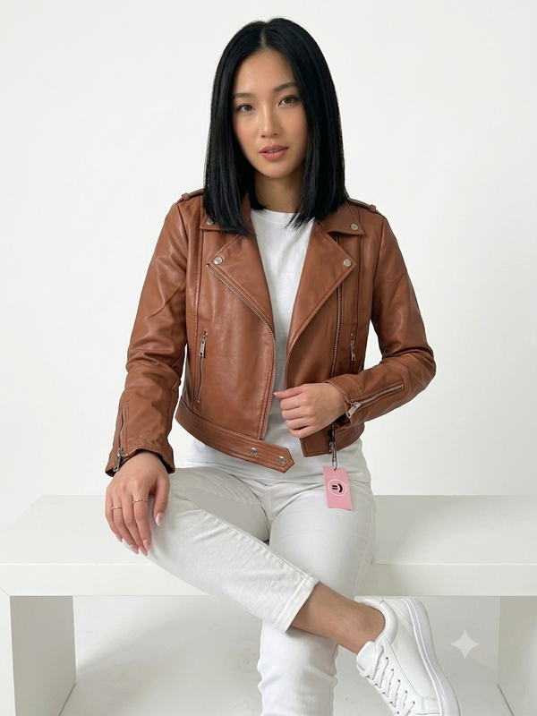 Jaqueta de Couro Biker Caramelo