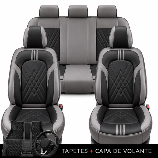 Kit Completo de Capas para Banco de Carro Averon em Couro Legítimo Universal 5 Lugares Com Airbag + Tapetes e Capa de Volante