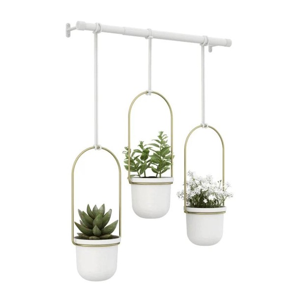 Conjunto com 3 Vasos Cachepot Suspensos Branco e Dourado