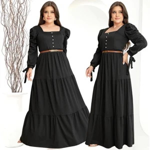 Vestido Longo Feminino Manga Longa Com Perolas E Laço Moda Evangelica Plus Size Para Congresso Luxo