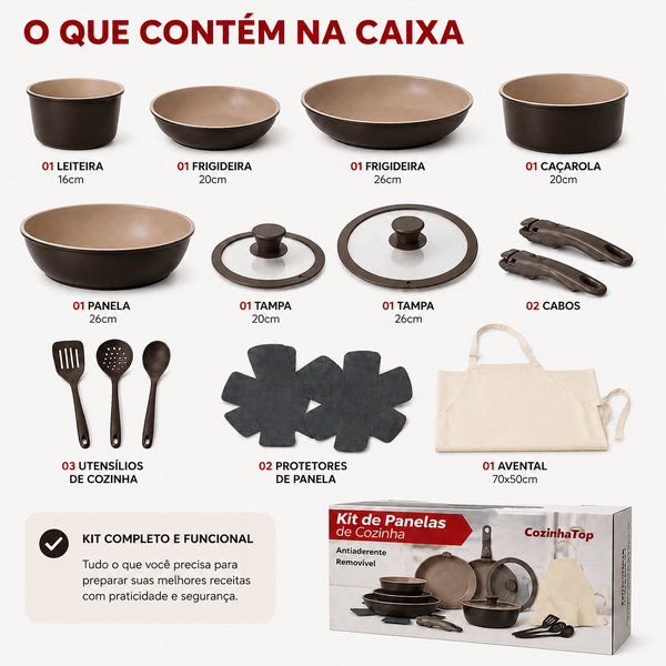 Kit Panelas Antiaderente com Cabo Removível e Acessórios Mar
