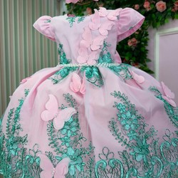Vestido Luxuoso - Jardim Encanto - Rosa C/Verde Tiffany 