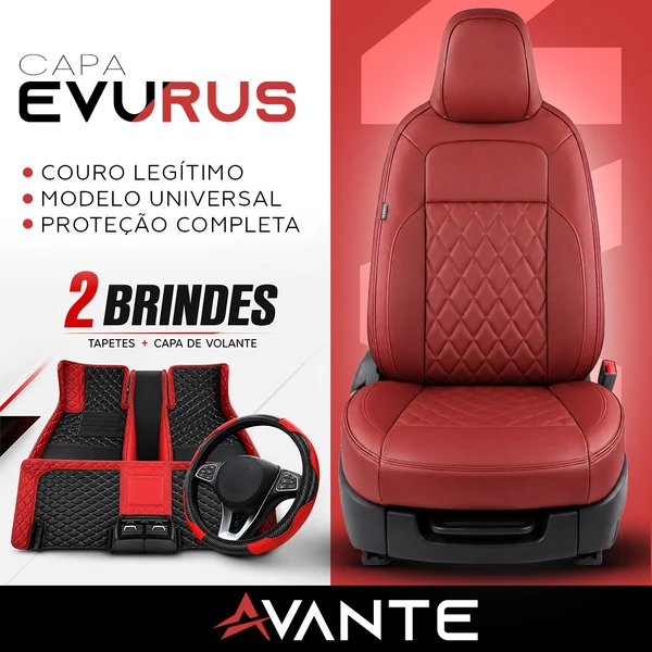 Kit Completo de Capas para Banco de Carro Evurus em Couro Legítimo Universal 5 Lugares Com Airbag + Tapetes e Capa de Volante