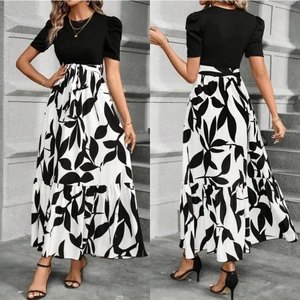 Vestido Longo Estampado Floral Feminino Com Bloco Decote Redondo De Cores Damasco E Cinto Estampado