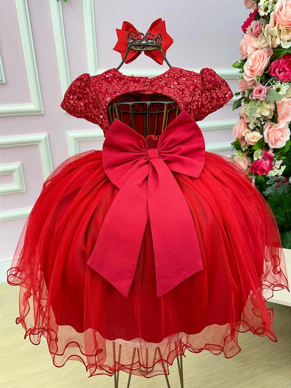 Vestido Luxuoso Bordado com Flores Brilhantes - Vermelho