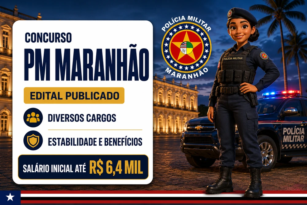 Concurso PM MA 2026: edital publicado com 1.000 vagas para Soldado e salário de R$ 6,1 mil