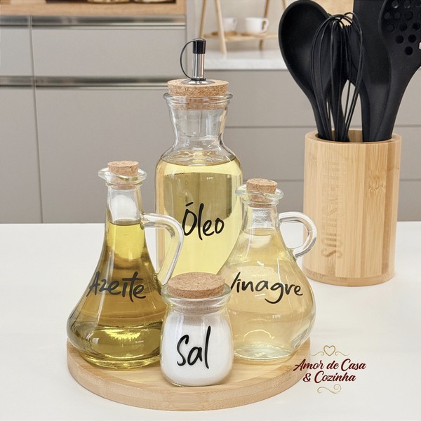 KIT GALHETEIROS SALEIRO E BANDEJA 5 PEÇAS DE VIDRO E BAMBU