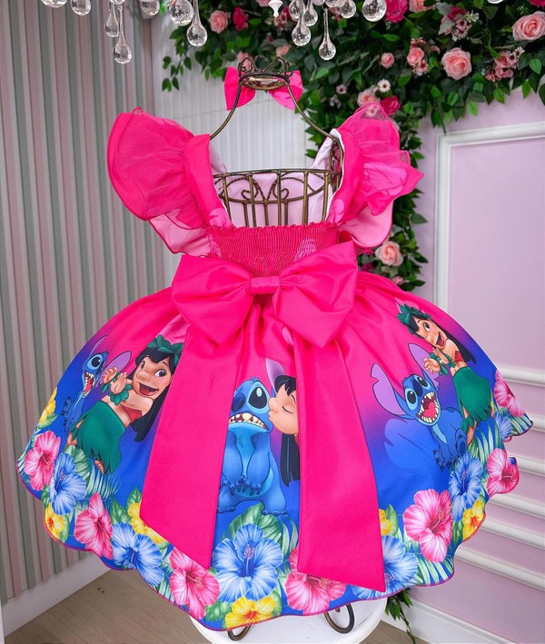Vestido Temático Luxo Estampado - Lillo & Stitch - Pink  