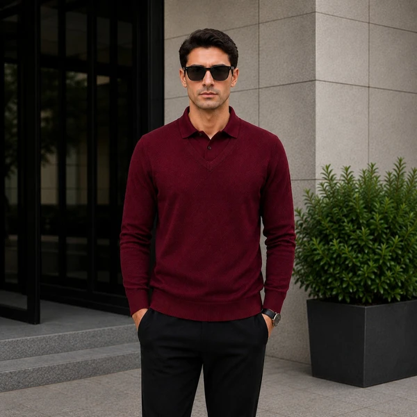 Suéter Polo Velluto em Malha Texturizada Premium com Gola Integrada(COMPRE 1 LEVE2)