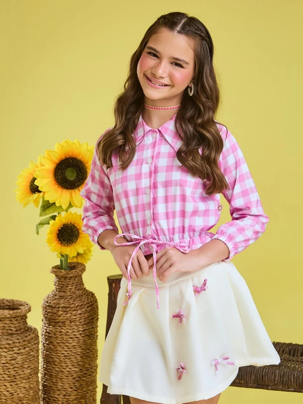 Conjunto Junino – Camisa Xadrez e Saia Rodada Laço – Rosa