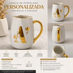 Caneca de Porcelana Personalizada com Inicial e Coração Dourado – 380 ml