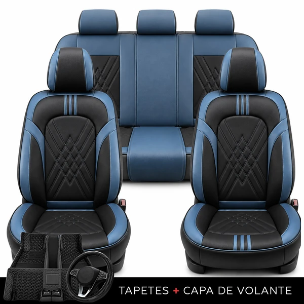 Kit Completo de Capas para Banco de Carro Averon em Couro Legítimo Universal 5 Lugares Com Airbag + Tapetes e Capa de Volante