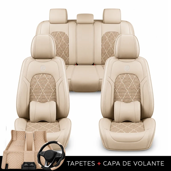 Kit Completo de Capas para Banco de Carro Evurion em Couro Legítimo Universal 5 Lugares Com Airbag + Tapetes e Capa de Volante
