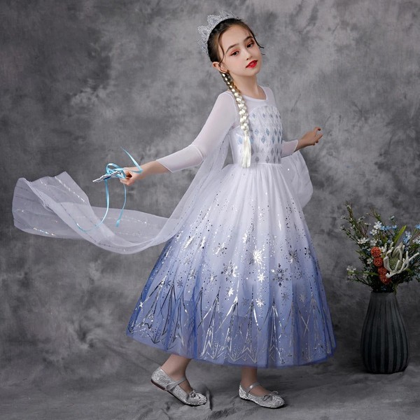 Fantasia Elsa Completa + Coroa + Varinha Mágica + Cabelo + Luva + Colar, Brinco, Anel e Pulseira