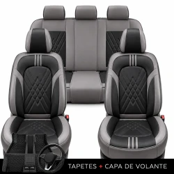 Kit Completo de Capas para Banco de Carro Averon em Couro Legítimo Universal 5 Lugares Com Airbag + Tapetes e Capa de Volante