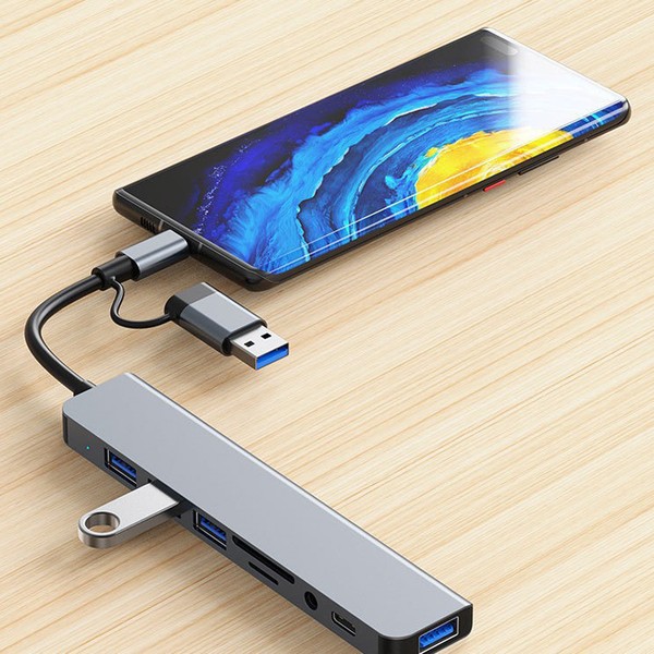 8 em 2 usb + tipo c hub docking station com adaptador de entrada de áudio de 3.5mm leitor de cartão micro sd portátil tablet conversor de disco de telefone
