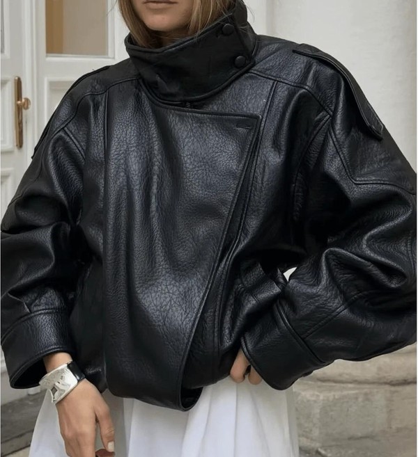 Jaqueta Feminina Oversized Couro Eco Gola Alta Estilo Europeia Vintage Premium Vynara