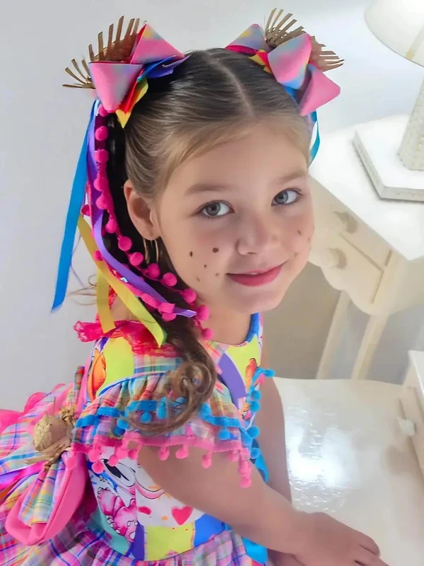 Vestido Stitch e Lilo Festa Junina Xadrez Rosa Quadrilha