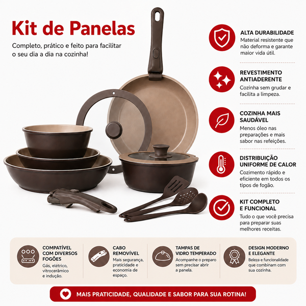 Kit Panelas Antiaderente com Cabo Removível e Acessórios Mar