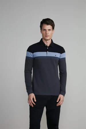 Camisa Polo Manga Longa Piquet Slim Fit - Preto-Cinza Chumbo