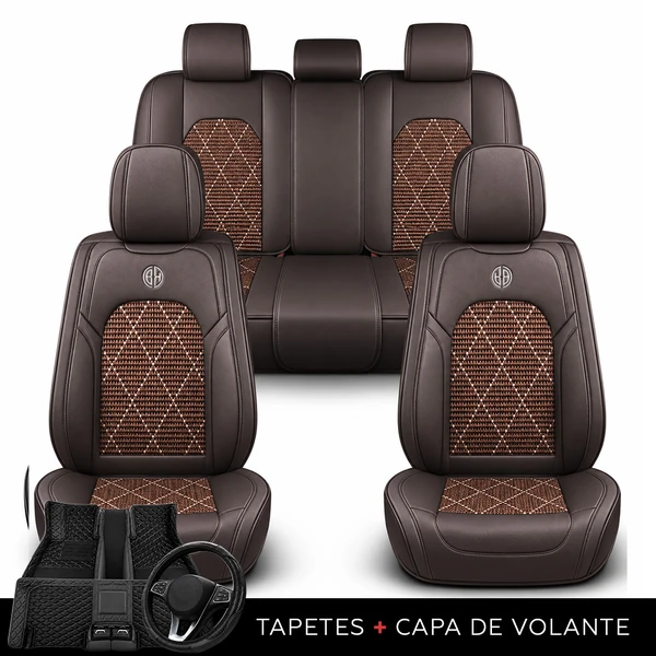 Kit Completo de Capas para Banco de Carro Evurion em Couro Legítimo Universal 5 Lugares Com Airbag + Tapetes e Capa de Volante