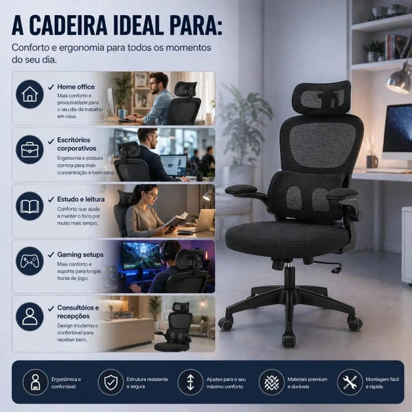 Cadeira de Escritório Presidente Ergonômica com Apoio Lombar Regulável — Home Office