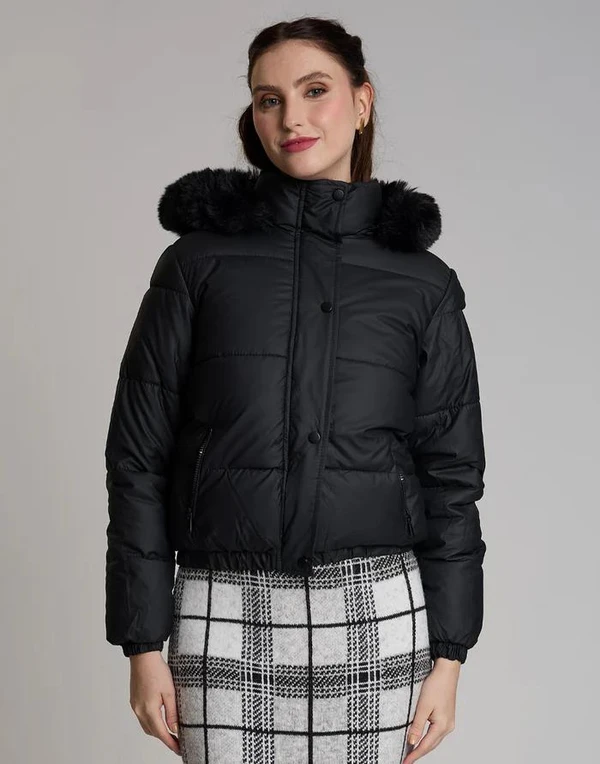 Doudoune Detalhe em Pelos Lauden Preto Velour