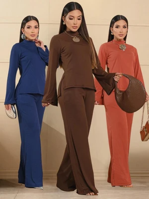 Conjunto Feminino Blusa Gola Alta Manga Longa Flare Mais Calça Pantalona Elegante Inverno Frio
