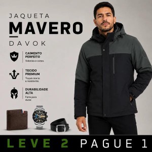 Jaqueta Masculina Mavero em Interior Forrado Térmico a Prova D'Água e Capuz Removível +BRINDES: Relógio, Cinto e Carteira
