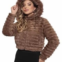 Jaqueta Puffer Teddy Feminina Forrada com Capuz Removível