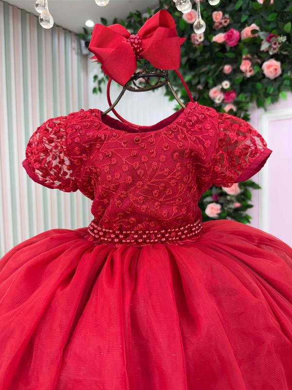 Vestido Luxo Manga Bordada - Vermelho 