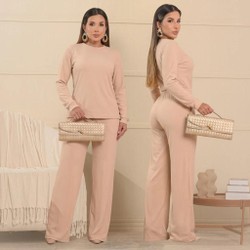 Conjunto Feminino Blusa Gola Alta Manga Longa Flare Mais Calça Pantalona Elegante Inverno Frio