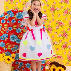 Vestido Junino Novinha com Véu - Branco Com Corações  