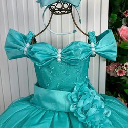 Vestido Luxuoso Longo - Manga Princesa - Verde Tiffany