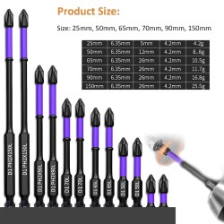Chave de fenda magnética antiderrapante Bits, Phillips à prova de choque, Impact Bits, Hex Shank, Alloy Steel Bits, Adequado para ferramentas elétricas, 6 pcs, 12 pcs