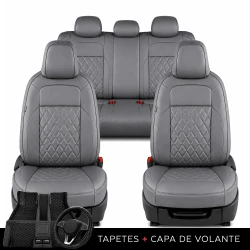 Kit Completo de Capas para Banco de Carro Evurus em Couro Legítimo Universal 5 Lugares Com Airbag + Tapetes e Capa de Volante