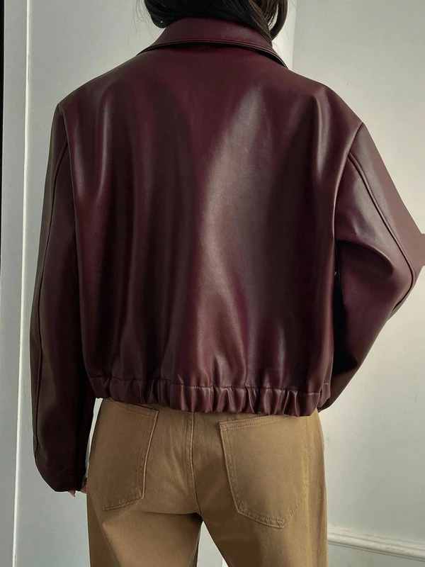 Velour Jaqueta Casual Solta de Couro Sintético Feminina, Ajuste Regular, Outono/Inverno
