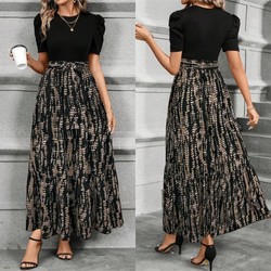 Vestido Longo Estampado Floral Feminino Com Bloco Decote Redondo De Cores Damasco E Cinto Estampado