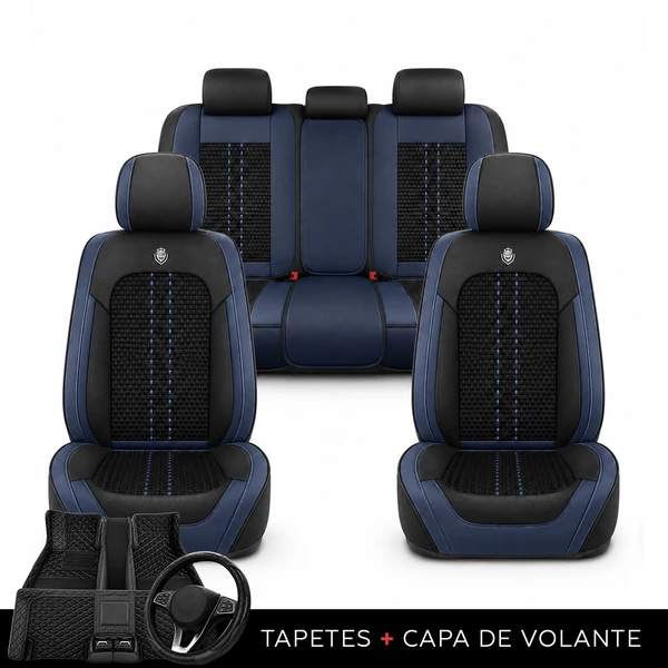 Kit Completo de Capas para Banco de Carro Acelon em Couro Legítimo Universal 5 Lugares Com Airbag + Tapetes e Capa de Volante