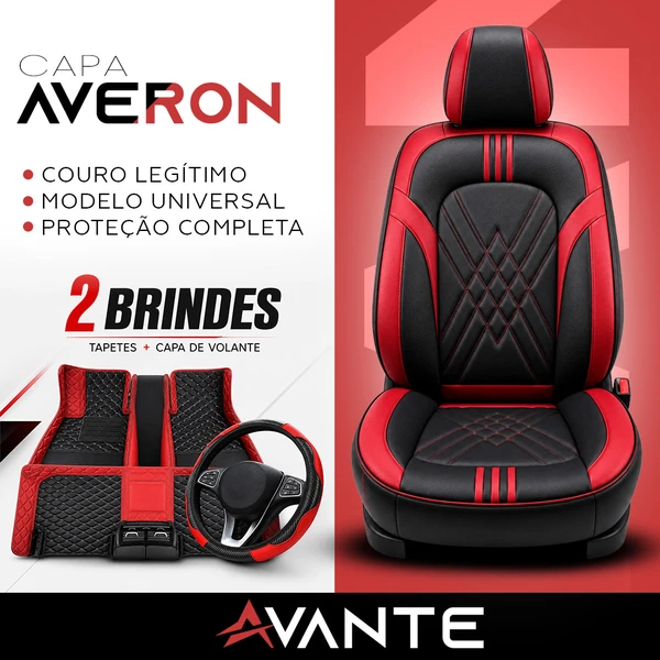 Kit Completo de Capas para Banco de Carro Averon em Couro Legítimo Universal 5 Lugares Com Airbag + Tapetes e Capa de Volante