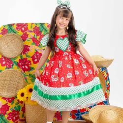Vestido Junino - Vermelho C/ Verde Xadrez Floral 