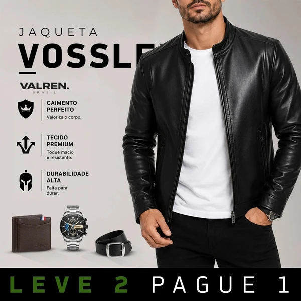 [LEVE 2 PAGUE 1] Jaqueta Masculina Vossler em Couro Legítimo Premium +BRINDES: Relógio, Cinto e Carteira