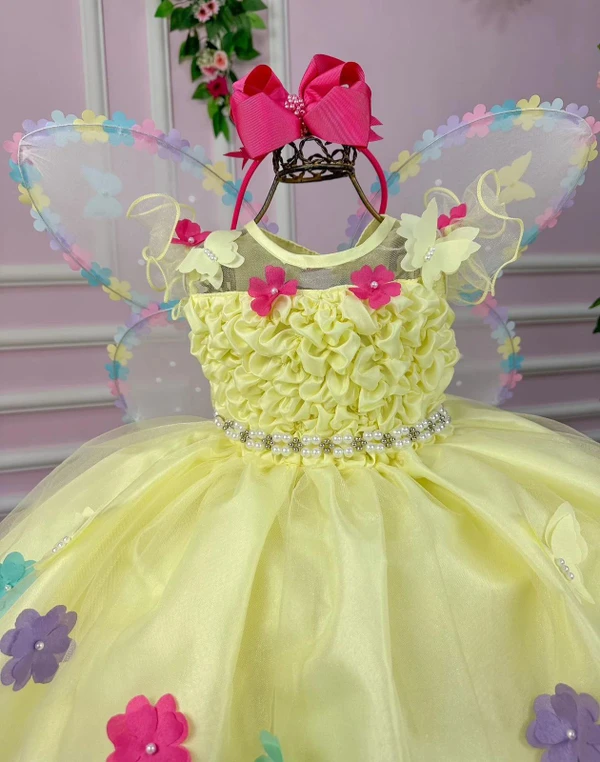 Vestido Fantasia Luxo - Jardim Encantado Amarelo - Acompanha Asa