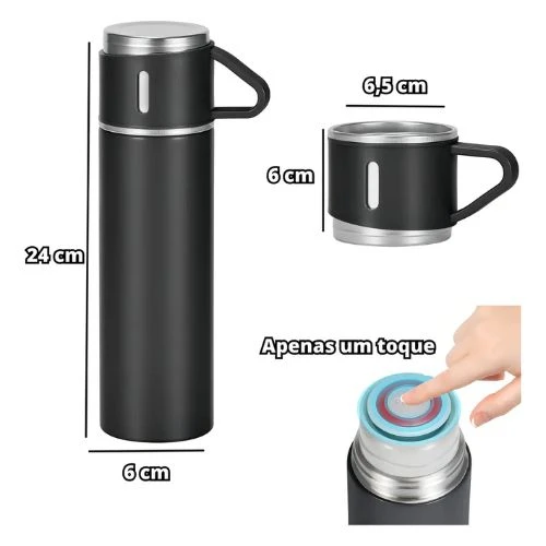 Garrafa Térmica 500ml em Aço Inoxidável com 3 Xícaras