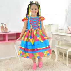 Vestido Junino Azul E Estampa Com Efeito Retalho Luxuoso